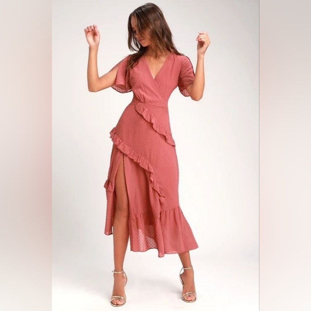 Lulu's Mauve Ruffle Wrap Midi Dress - Picture 2 of 8